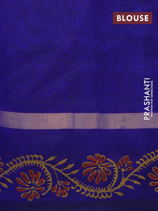 Silk cotton block printed saree red and maroon blue with allover butta prints and zari woven simple border