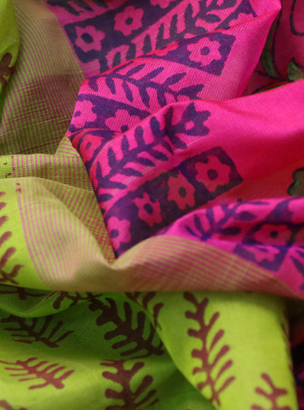 Silk cotton block printed saree light green and pink with allover butta prints and zari woven simple border