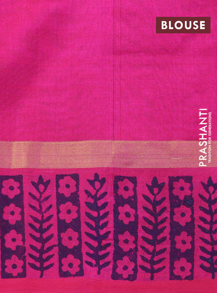 Silk cotton block printed saree light green and pink with allover butta prints and zari woven simple border