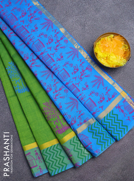 Silk cotton block printed saree green and cs blue with butta prints and zari woven simple border