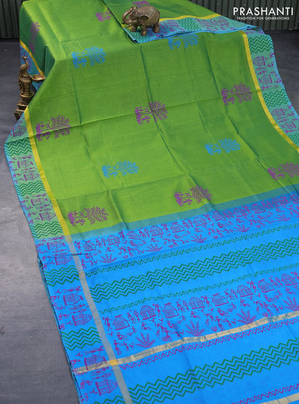 Silk cotton block printed saree green and cs blue with butta prints and zari woven simple border