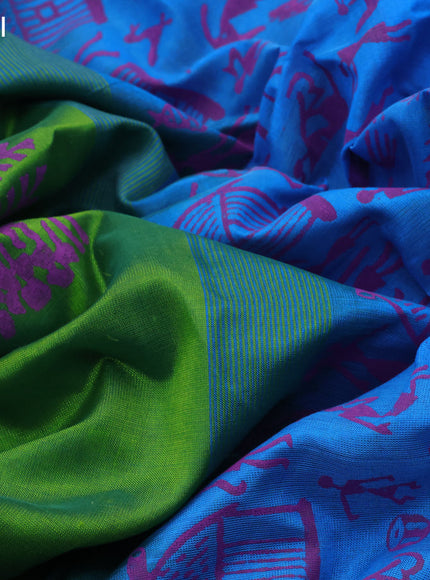 Silk cotton block printed saree green and cs blue with butta prints and zari woven simple border