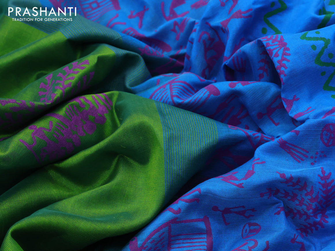 Silk cotton block printed saree green and cs blue with butta prints and zari woven simple border