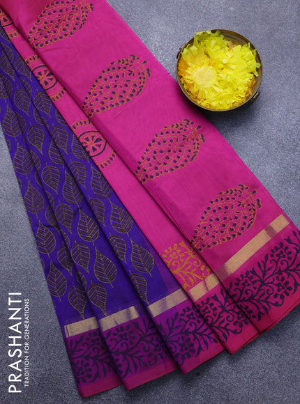 Silk cotton block printed saree blue and pink with leaf butta prints and zari woven simple border