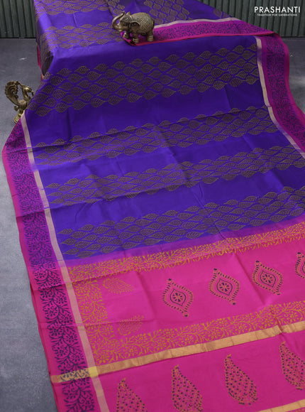 Silk cotton block printed saree blue and pink with leaf butta prints and zari woven simple border