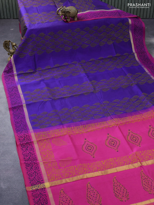 Silk cotton block printed saree blue and pink with leaf butta prints and zari woven simple border