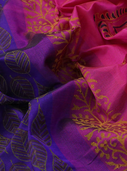 Silk cotton block printed saree blue and pink with leaf butta prints and zari woven simple border