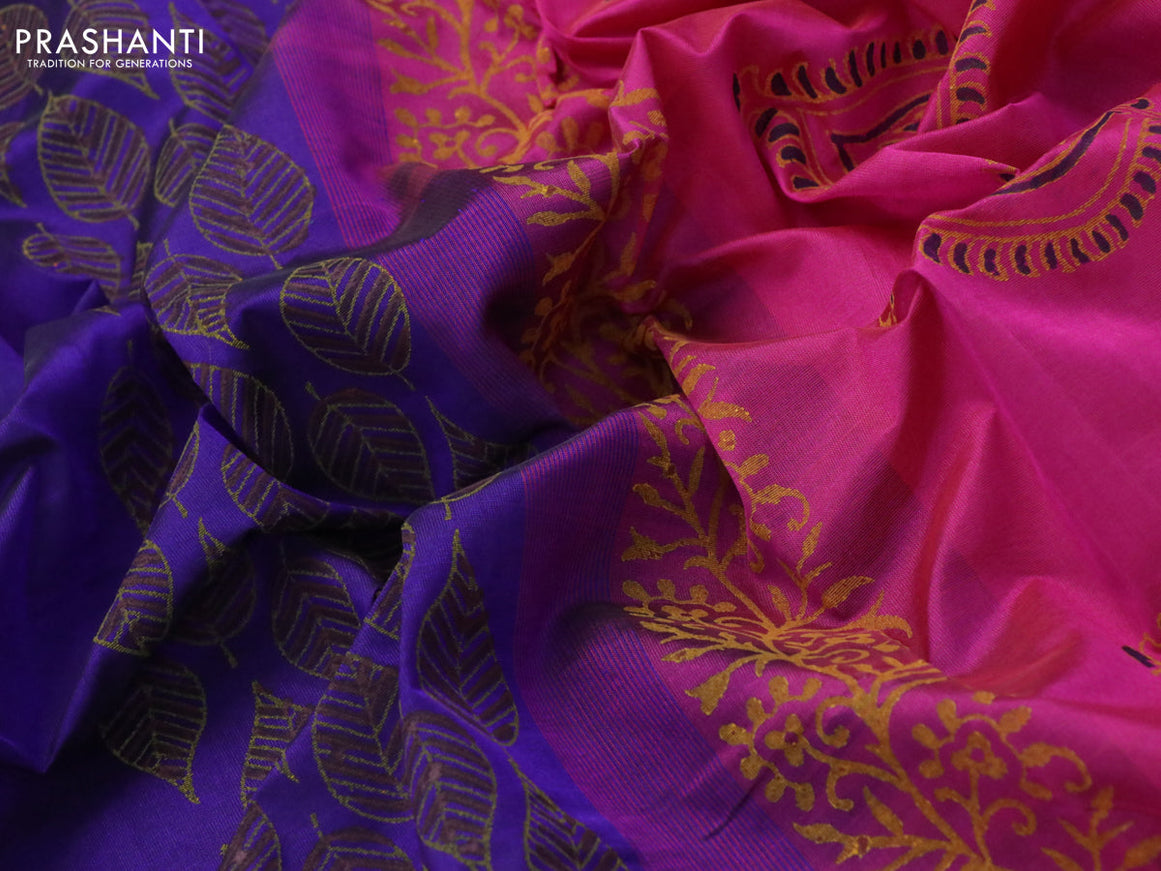 Silk cotton block printed saree blue and pink with leaf butta prints and zari woven simple border