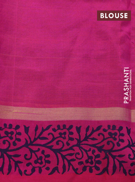 Silk cotton block printed saree blue and pink with leaf butta prints and zari woven simple border