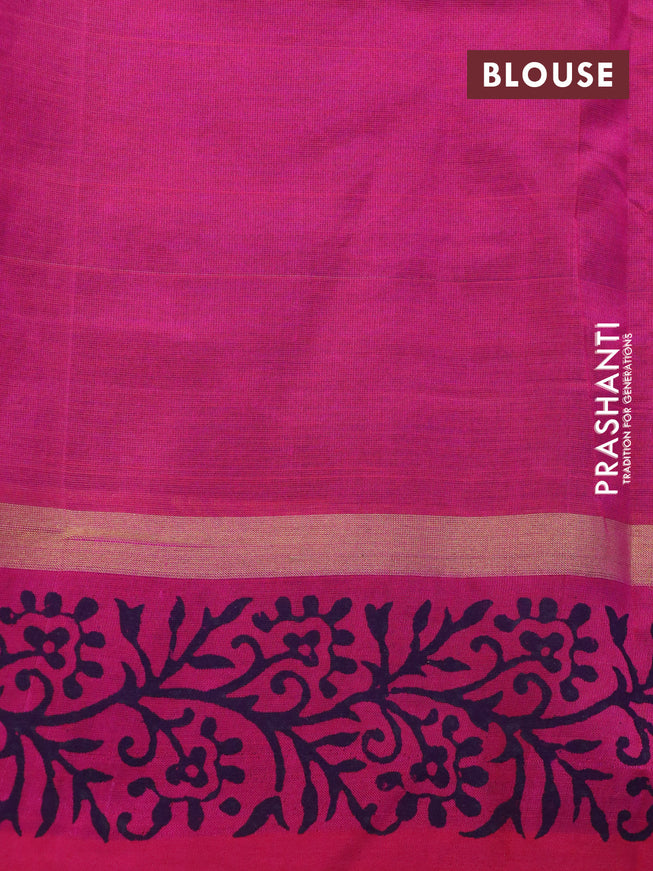 Silk cotton block printed saree blue and pink with leaf butta prints and zari woven simple border