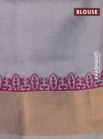 Silk cotton block printed saree pastel grey with allover prints and zari woven border