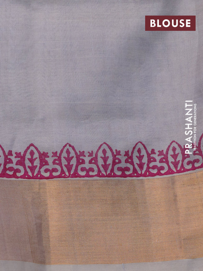 Silk cotton block printed saree pastel grey with allover prints and zari woven border