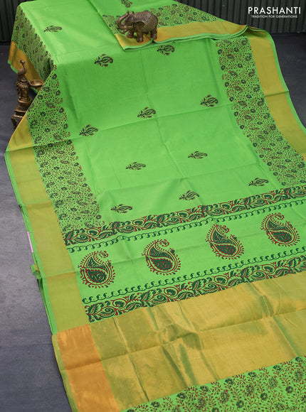 Silk cotton block printed saree green with butta prints and zari woven border