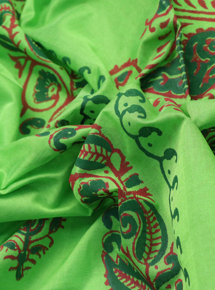 Silk cotton block printed saree green with butta prints and zari woven border