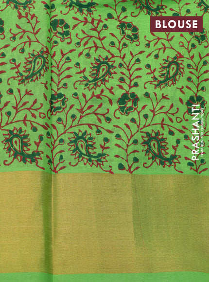 Silk cotton block printed saree green with butta prints and zari woven border