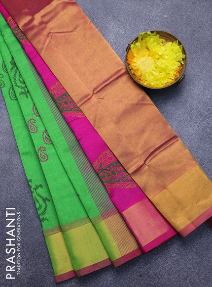 Silk cotton block printed saree parrot green and pink with paisley butta prints and zari woven border