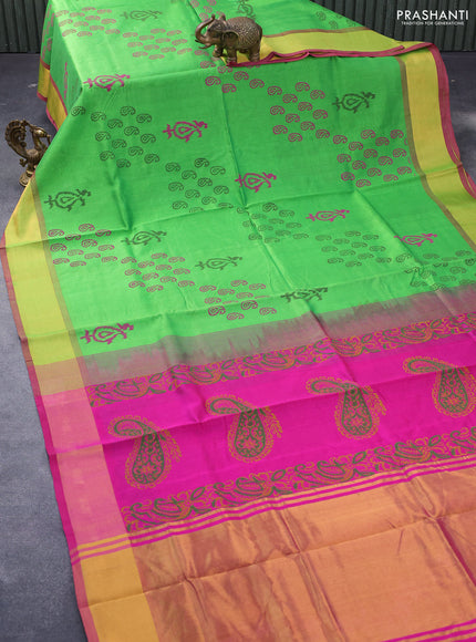 Silk cotton block printed saree parrot green and pink with paisley butta prints and zari woven border