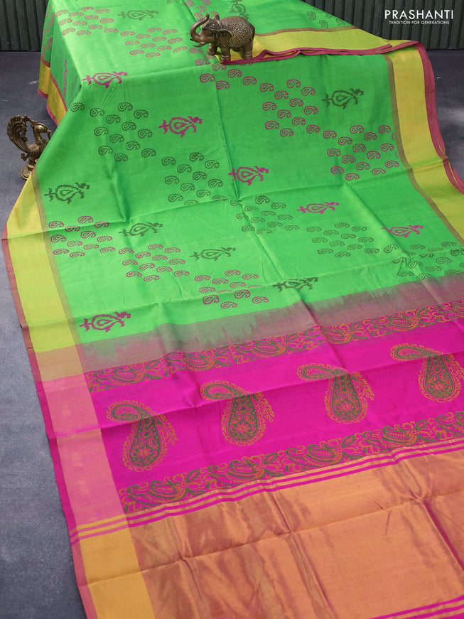 Silk cotton block printed saree parrot green and pink with paisley butta prints and zari woven border