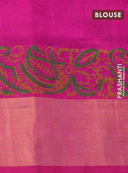 Silk cotton block printed saree parrot green and pink with paisley butta prints and zari woven border