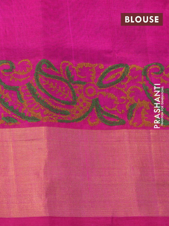 Silk cotton block printed saree parrot green and pink with paisley butta prints and zari woven border