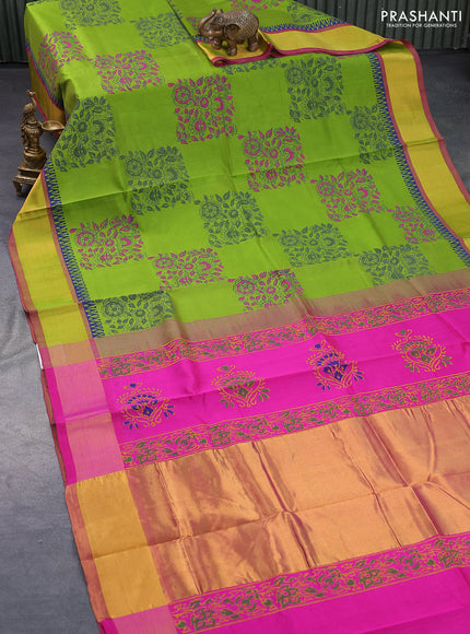 Silk cotton block printed saree light green and pink with allover prints and zari woven border