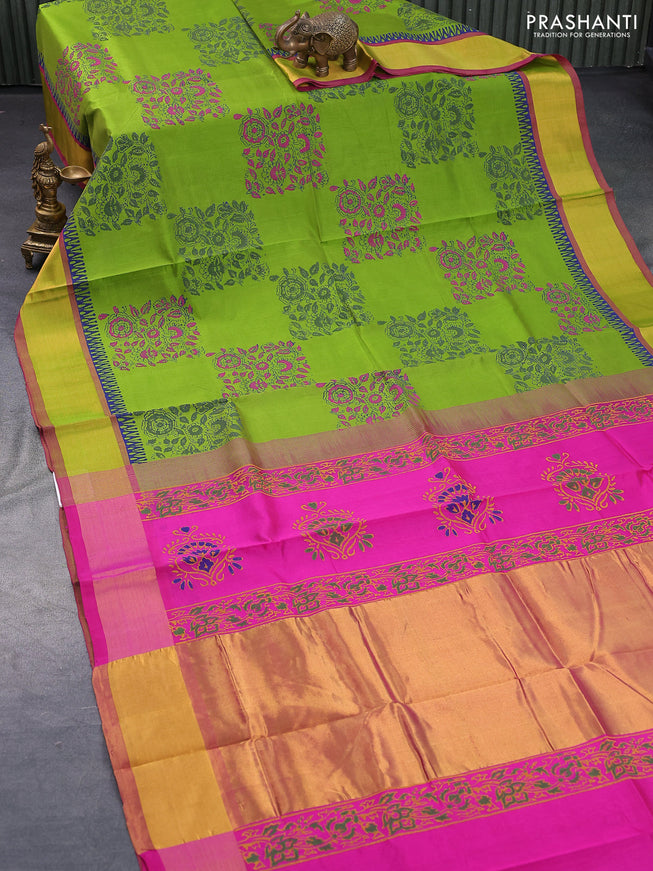 Silk cotton block printed saree light green and pink with allover prints and zari woven border