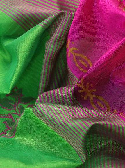 Silk cotton block printed saree light green and pink with butta prints and zari woven border