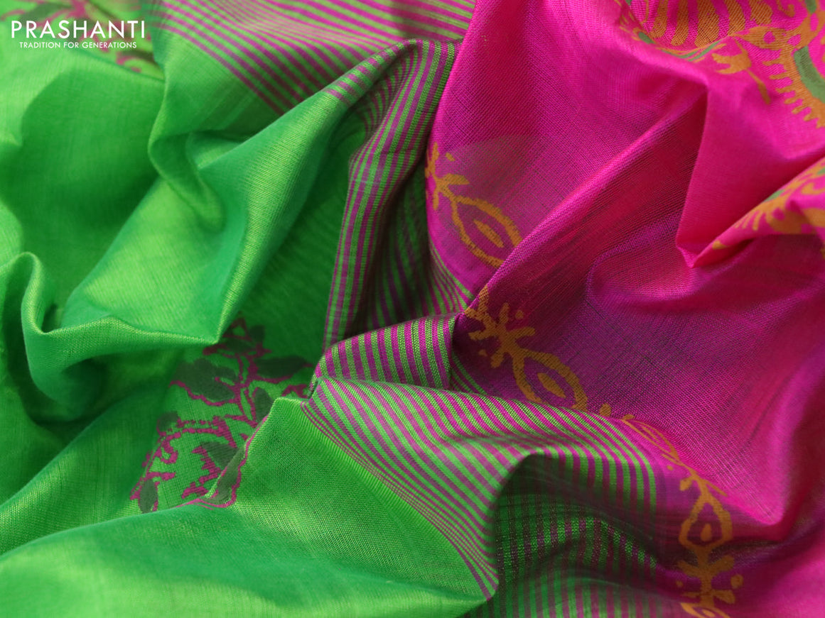 Silk cotton block printed saree light green and pink with butta prints and zari woven border