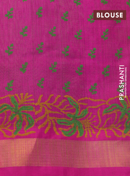 Silk cotton block printed saree light green and pink with butta prints and zari woven border