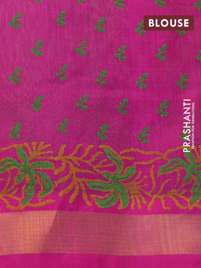 Silk cotton block printed saree light green and pink with butta prints and zari woven border