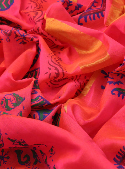 Silk cotton block printed saree dual shade of pinkish orange with allover prints and zari woven border