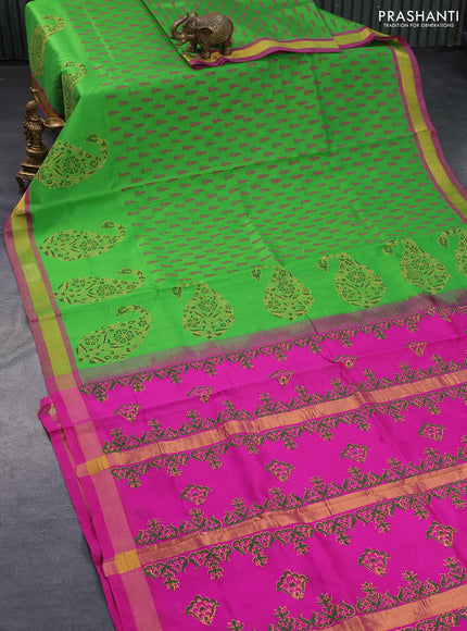 Silk cotton block printed saree light green and pink with allover butta prints and zari woven border