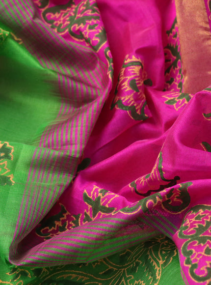 Silk cotton block printed saree light green and pink with allover butta prints and zari woven border