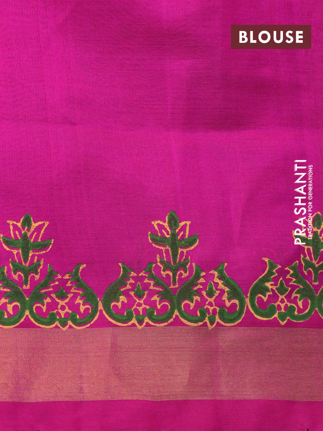 Silk cotton block printed saree light green and pink with allover butta prints and zari woven border