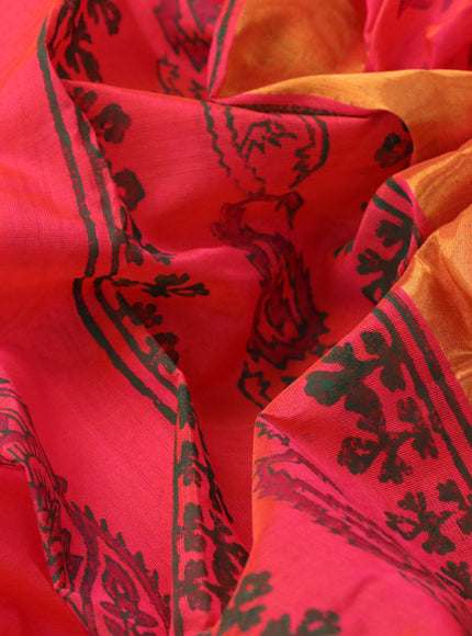 Silk cotton block printed saree dual shade of pinkish orange with butta print and zari woven border