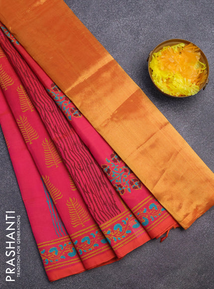 Silk cotton block printed saree dual shade of pink with allover prints and printed border