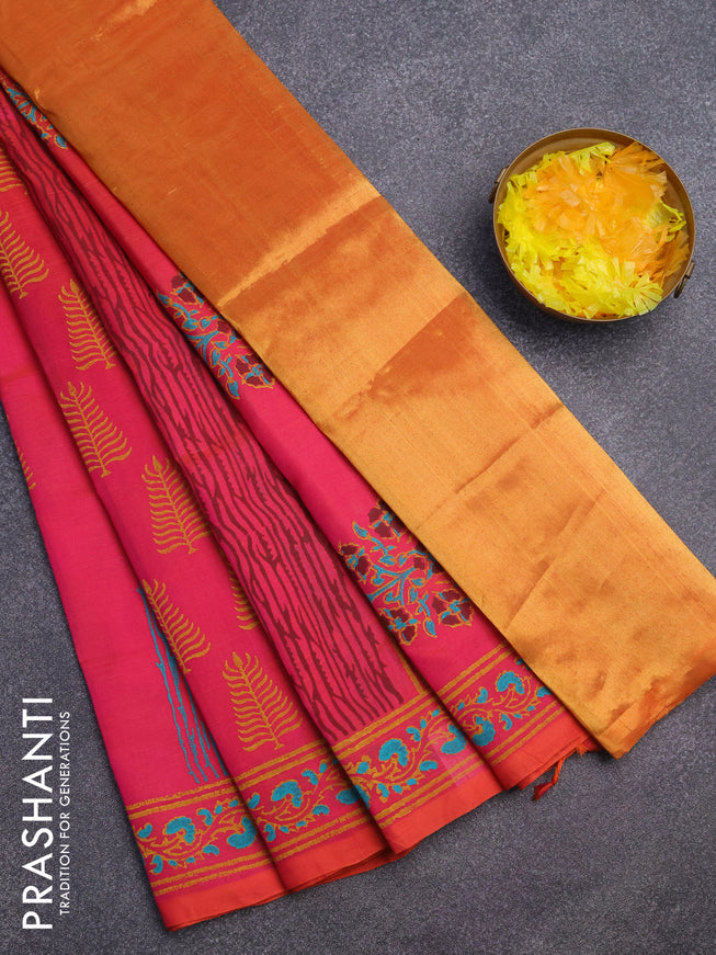 Silk cotton block printed saree dual shade of pink with allover prints and printed border