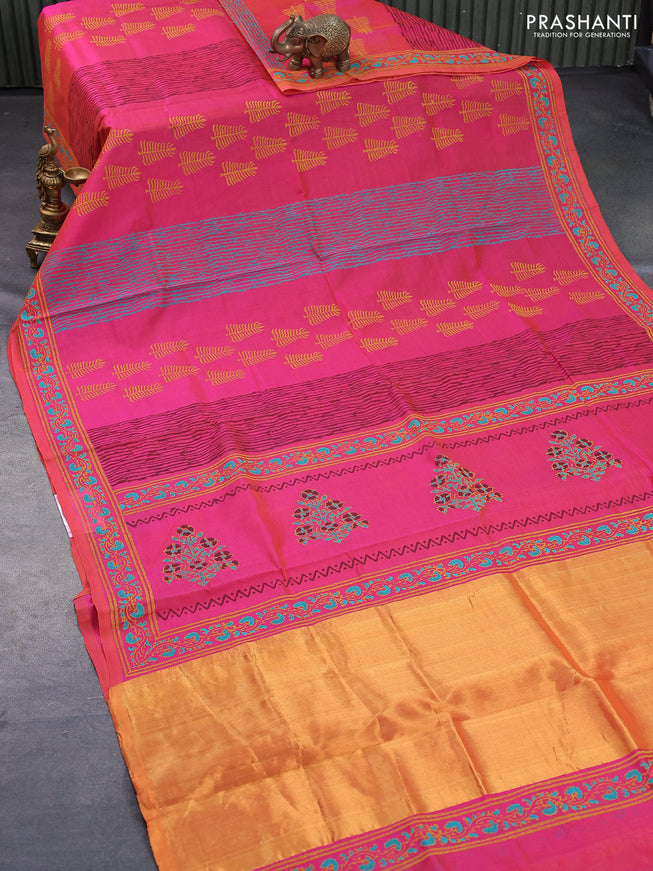 Silk cotton block printed saree dual shade of pink with allover prints and printed border