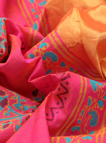 Silk cotton block printed saree dual shade of pink with allover prints and printed border