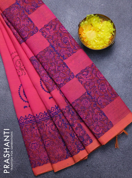 Silk cotton block printed saree dual shade of pink with annam butta prints and printed border