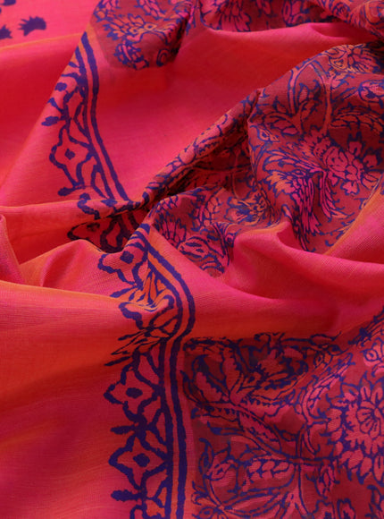 Silk cotton block printed saree dual shade of pink with annam butta prints and printed border