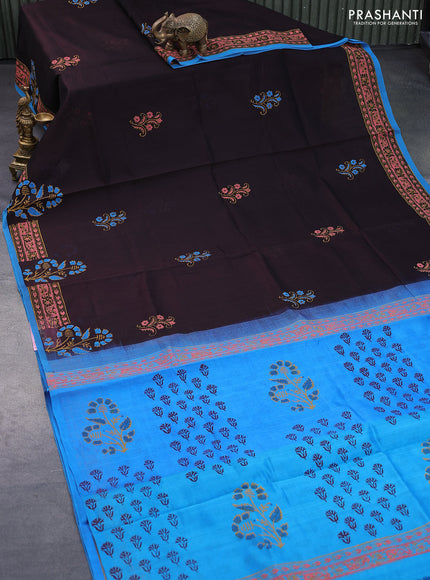 Silk cotton block printed saree coffee brown and cs blue with floral butta prints and printed border