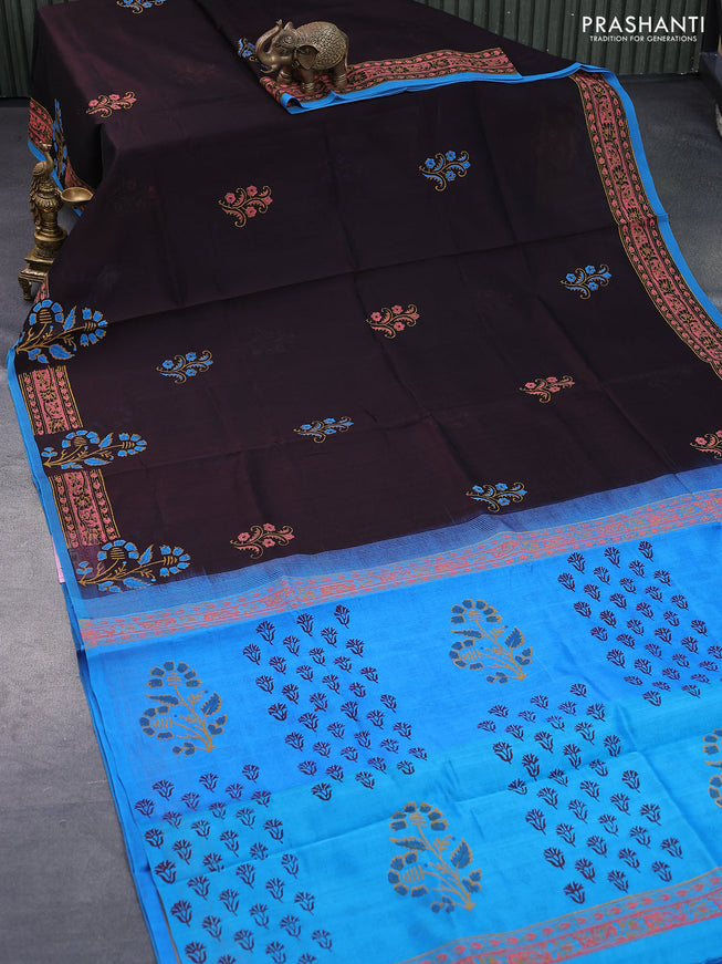 Silk cotton block printed saree coffee brown and cs blue with floral butta prints and printed border