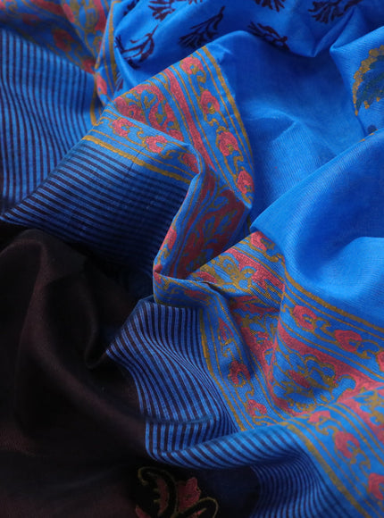 Silk cotton block printed saree coffee brown and cs blue with floral butta prints and printed border