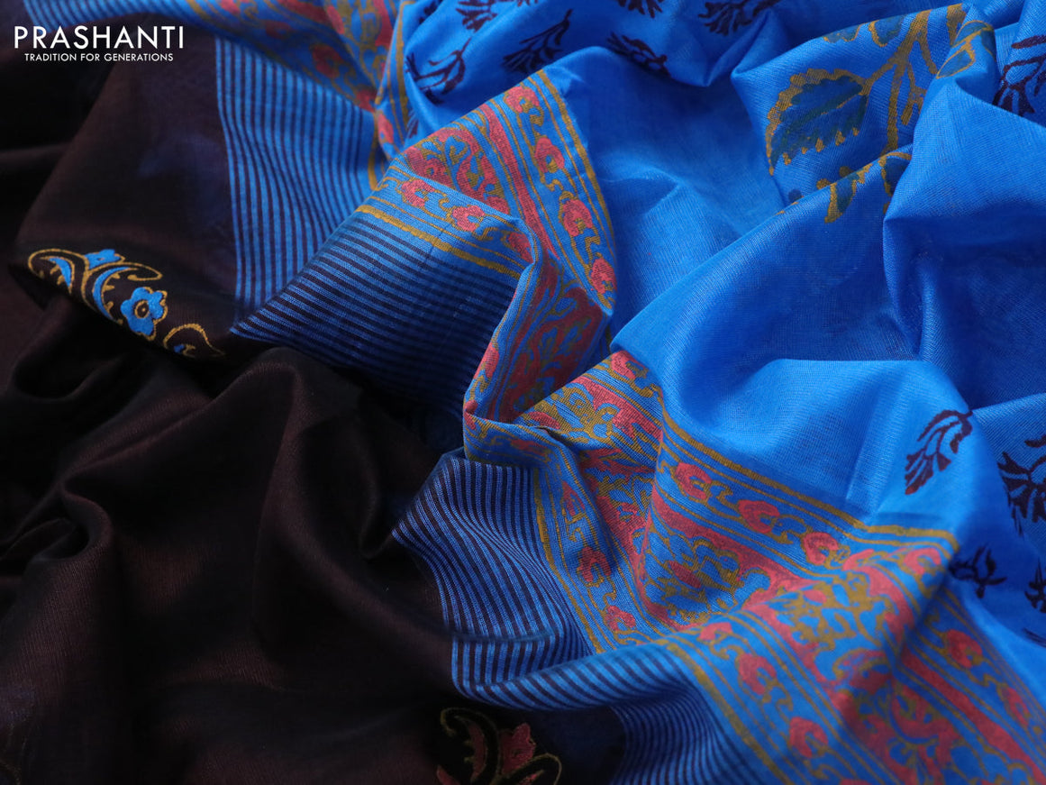 Silk cotton block printed saree coffee brown and cs blue with floral butta prints and printed border