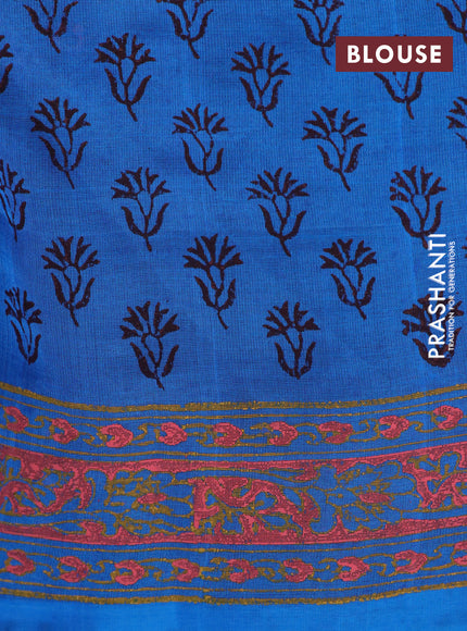 Silk cotton block printed saree coffee brown and cs blue with floral butta prints and printed border