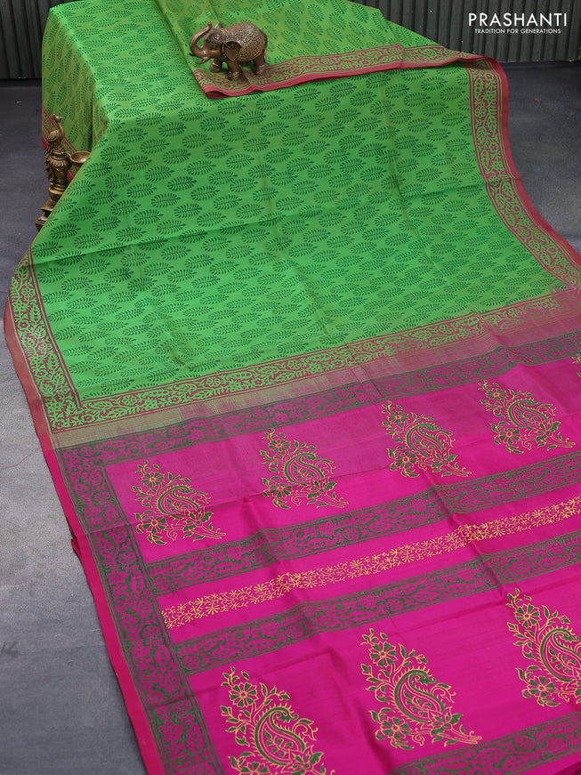 Silk cotton block printed saree green and pink with allover butta prints and printed border