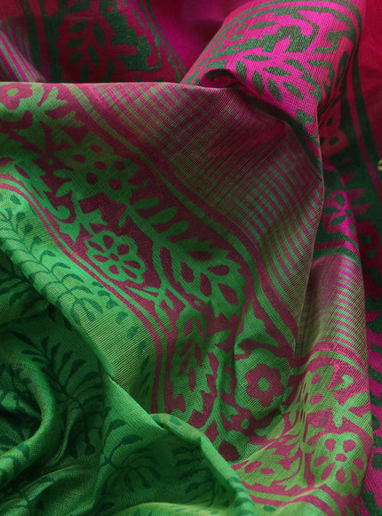 Silk cotton block printed saree green and pink with allover butta prints and printed border