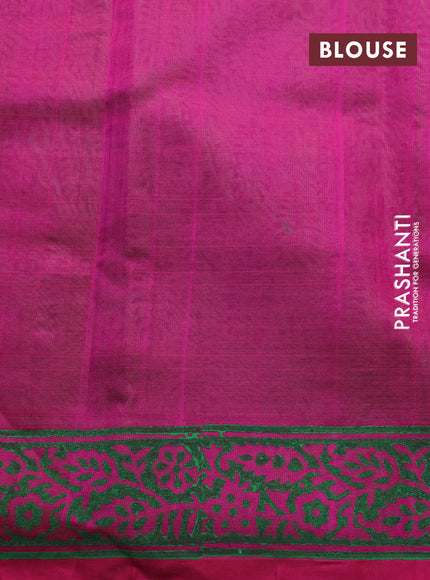 Silk cotton block printed saree green and pink with allover butta prints and printed border