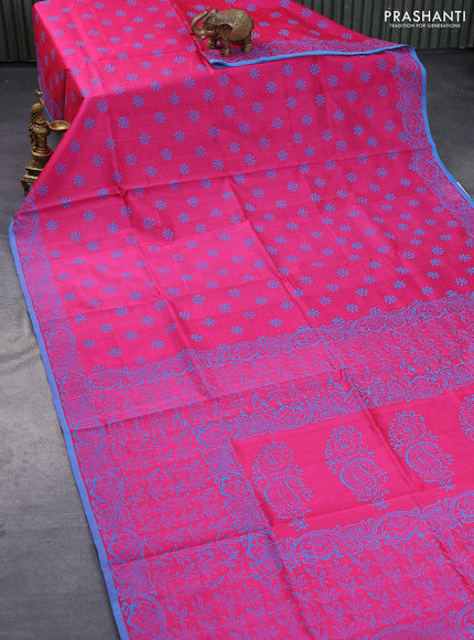 Silk cotton block printed saree pink and blue with allover floral butta prints and printed border